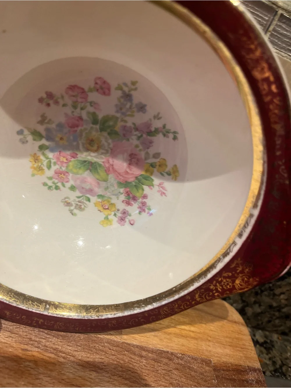 Century by Salem China 7.18 inch Lugged Cereal Bowl Floral Center, Maroon/Gold F